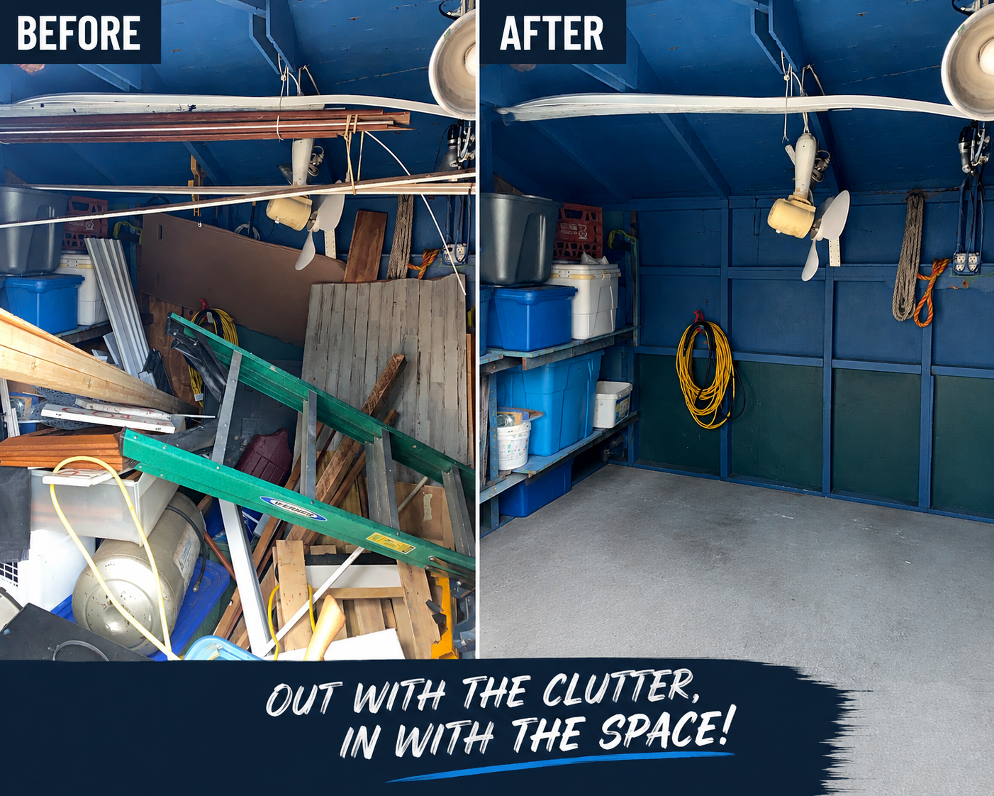 Before and after: cluttered shed cleaned out and organized